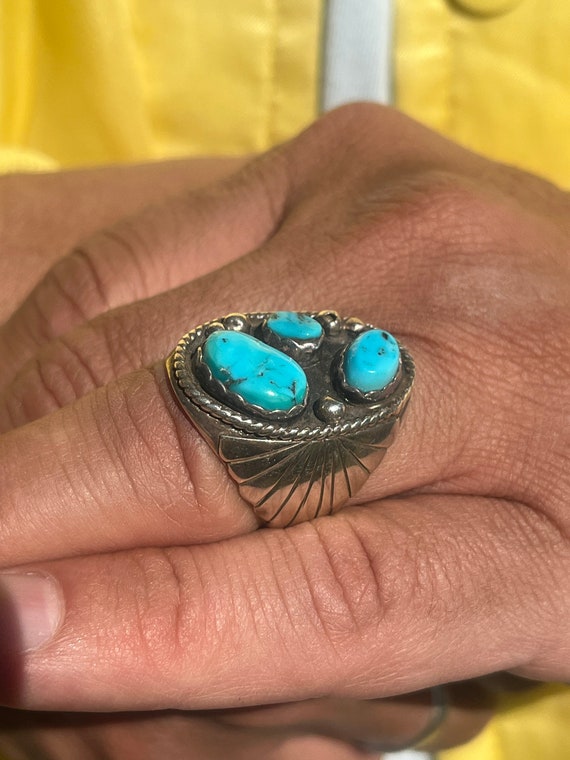 Navajo Three Stone Turquoise Ring- Size 8.75 - image 3