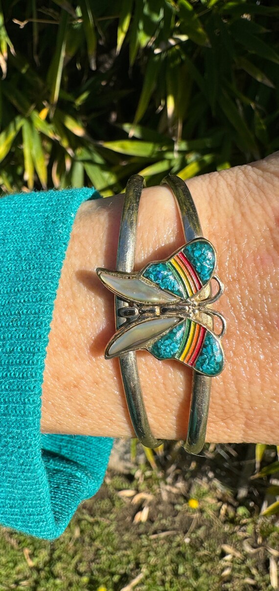 Vintage Rainbow Butterfly Sterling Silver Cuff Br… - image 2