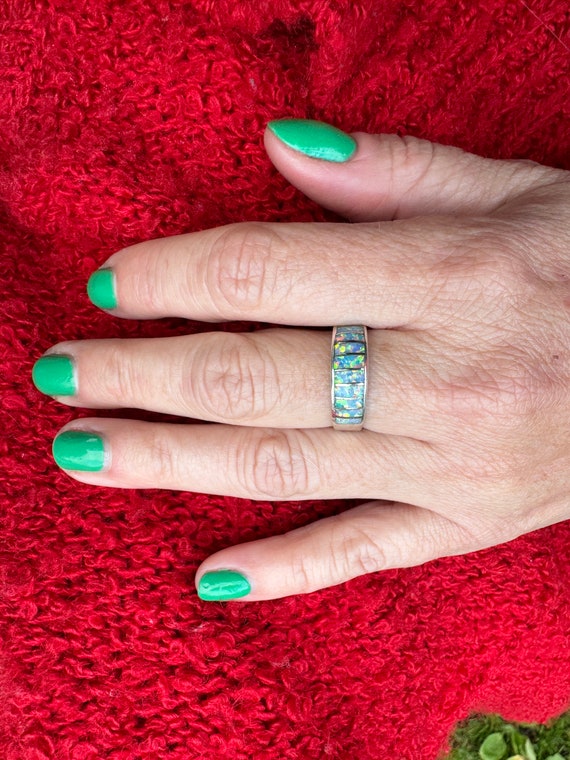 Opal Rectangular Row Sterling Silver Ring