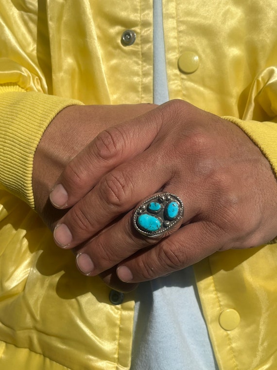 Navajo Three Stone Turquoise Ring- Size 8.75 - image 1