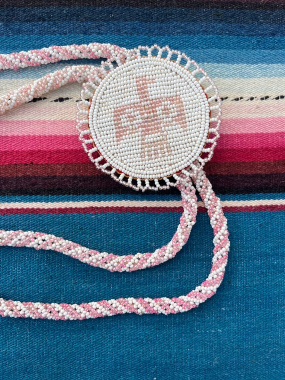 Navajo Hand Beaded Eagle Round Bolo Tie Necklace - image 2