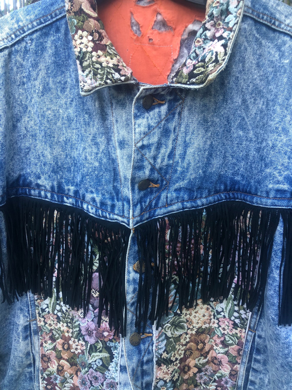 Vintage Säure waschen Denim Blume Wandteppich Jacke | Etsy