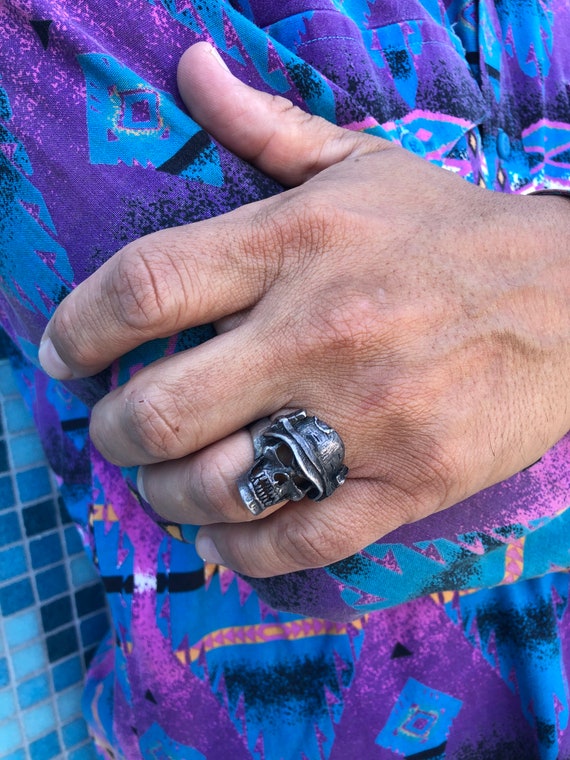 Vintage Skull Helmut Biker Ring - image 3