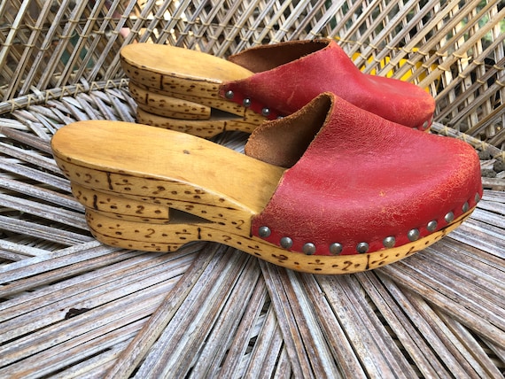 Vintage 1970s Red Leather Clogs Mule Shoes