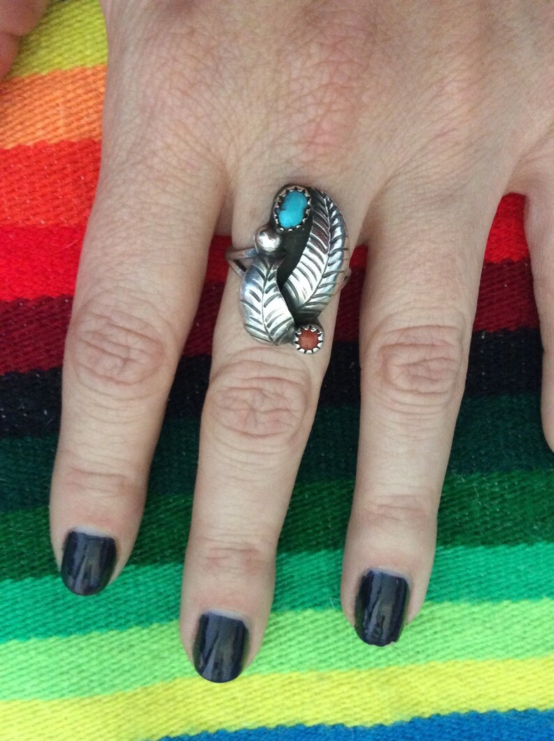 Vintage Sterling Silver Coral /& Turquoise Two Feather Ring