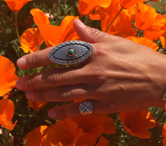 Vintage Pawn Sterling Silver Concho Turquoise Ring