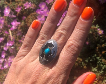 Vintage Turquoise Shadow Box Sterling Silver Ring