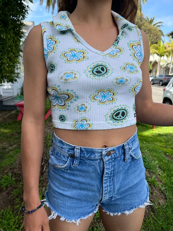 Vintage 1990s Ribbed Cropped Flower Peace Top