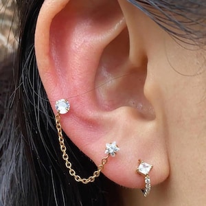 Gold & Silver Helix Chain Earrings • Double Stud Cartilage Jewelry • CZ Star Heart Dangle • Hidden Rook Piercing Chain Earring