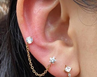 Aretes de cadena de hélice de oro y plata • Joyas de cartílago con doble perno • Colgante de corazón con estrella de CZ • Pendiente de cadena con perforación de torre oculta