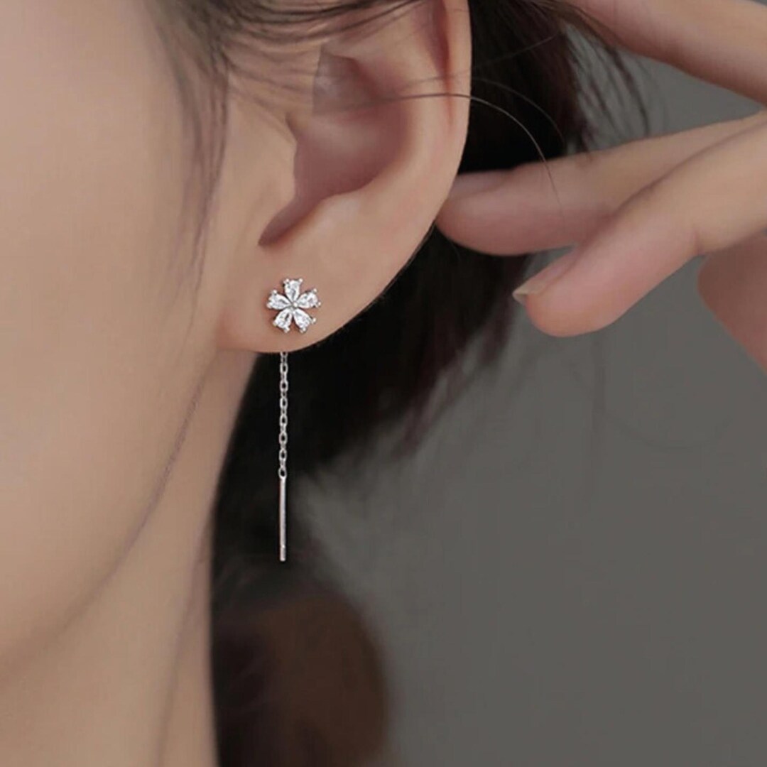 Flower Crystal Threader Chain Earrings Silver Gold | Dainty Dangle Earrings | Minimalist Floral Drop Jewelry Gift for Her Bridesmaid Wedding - Etsy Japan