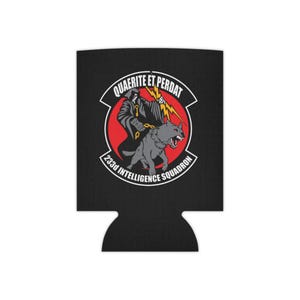 May include: Black can cooler featuring a red, white and yellow graphic of a grim reaper riding a wolf. The graphic includes the text "Quaerite Et Perdat" and "233d Intelligence Squadron".