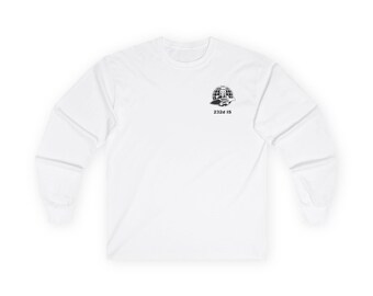 May include: White long-sleeve t-shirt with a black and white graphic of a globe with a person holding a briefcase. The text "232d 15" is below the graphic.