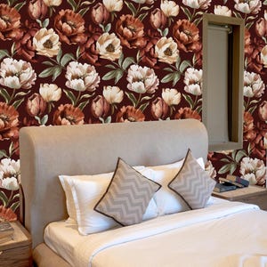 Carta da parati adesiva color bordeaux - Carta da parati romantica in stile cottage, carta da parati botanica rimovibile - Carta da parati floreale adesiva