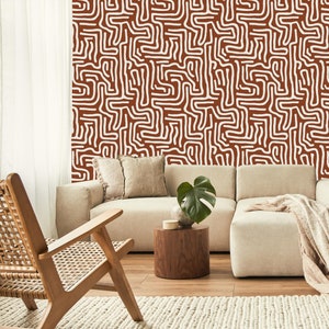 Papier peint abstrait bohème moderne - motif géométrique terre cuite et blanc - décoration murale d'accent esthétique - papier peint autocollant