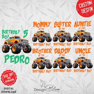 May include: A set of six printable designs featuring a yellow monster truck with orange accents. Each design includes the text "Birthday Boy" and a title such as "Mommy of the Birthday Boy" or "Brother of the Birthday Boy".