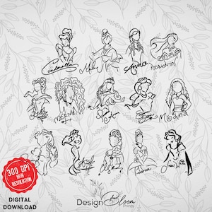 Princess Png Bundle, Princess Silhouette Png Files,Tiana Png, Princess Clipart, Frozen Png, Rapunzel Tangled, Snow White , Elsa and Anna Png