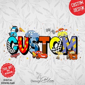 Custom Name Pixa Cars Png, Personalized Cars, MC Queen Tow Mater Matching Png, Kids Name Png, Family 2025 Vacation Holiday Family Gift