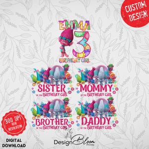 Cumpleaños de Trolls: PNG a juego para familias: Diseño personalizado 1127 (Descarga digital)