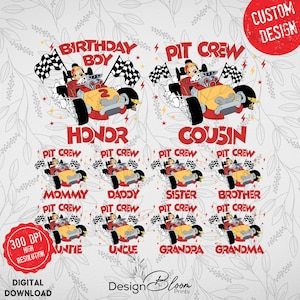 May include: A digital download featuring a cartoon race car design with Mickey Mouse driving. The design includes text for "Birthday Boy," "Pit Crew," and family roles like "Mommy," "Daddy," and "Cousin." The image has a high-resolution quality.