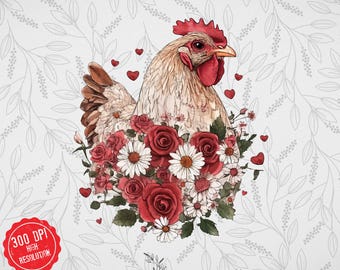 Floral Chicken Valentine PNG, Western Design (Digital Download)