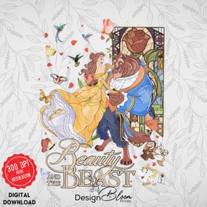 May include: A digital download featuring a colourful illustration of the Disney characters Belle and the Beast dancing. The image includes the text "Beauty and the Beast" and "Design Bloom Prints". The background is a light grey with floral accents.