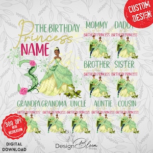 Peut inclure: Conception numérique avec une princesse en robe verte et jaune, une grenouille et le chiffre 3. Le texte comprend "The Birthday Princess", "Mommy", "Daddy", "Brother", "Sister", "Grandpa", "Grandma", "Uncle", "Auntie", et "Cousin".