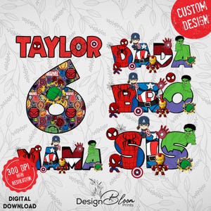 Könnte beinhalten: Ein digitales Design mit dem Namen "TAYLOR" in Rot, mit einem Spider-Man-Logo. Die Zahl "6" ist mit Marvel-Charakterlogos gefüllt. Die Wörter "DAD", "BRO" und "MAMA" werden mit Superhelden-Designs angezeigt. Enthält den Text "CUSTOM DESIGN" und "DIGITAL DOWNLOAD".