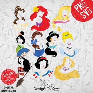 Princess Svg Png Bundle, Princess Silhouette Svg Files, Tiana Svg, Princess Clipart, Frozen Svg, Rapunzel Svg, Snow White Svg For Cricut