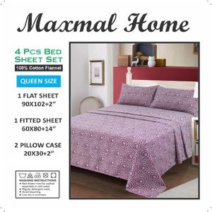 May include: A purple and white patterned queen-sized bed sheet set with 1 flat sheet, 1 fitted sheet, and 2 pillowcases. The set is made of 100% cotton flannel.
