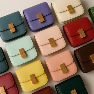 Mini sac à bandoulière carré coloré | Petit grand sac à bandoulière en cuir végétalien | Porte-monnaie moderne à fermoir en or pour tous les jours, les voyages et les cadeaux