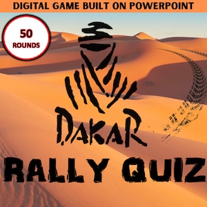 May include: A digital game built on PowerPoint, featuring a black and white illustration of a person wearing a headscarf, with the text "DAKAR RALLY QUIZ" and "50 ROUNDS" in a circle.