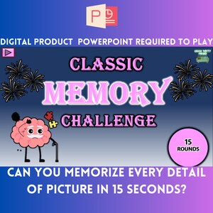 May include: A digital product for a classic memory game. The image shows a cartoon brain with a puzzle piece, fireworks, and the text "CLASSIC MEMORY CHALLENGE". The text "CAN YOU MEMORIZE EVERY DETAIL OF PICTURE IN 15 SECONDS?" is also included.