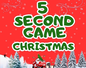 May include: A festive red background with white snowflakes and text that reads "DIGITAL GAME BUILT ON POWERPOINT". The words "5 SECOND GAME CHRISTMAS" are in large green letters. A vintage red car with Santa Claus driving is in the bottom center.