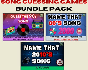 Pacchetto di giochi di indovinelli sulle canzoni / 3 giochi da giocare / 90 CANZONI / Gioco di musica digitale per feste / Quiz sulle hit / Quiz sulla musica / Pochi accordi / Gioco di PowerPoint
