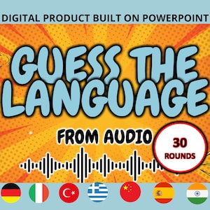 以下が含まれることがあります： PowerPointで作成されたデジタル製品で、ライトブルーで「GUESS THE LANGUAGE」というテキストが表示されています。画像には「FROM AUDIO」と「30 ROUNDS」というテキストが赤い円で表示されています。さまざまな国の国旗が下にあります。