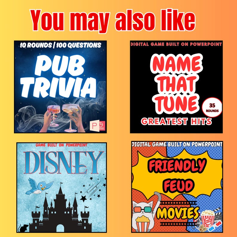 May include: A promotional image featuring four digital games built on PowerPoint. The games include "Pub Trivia," "Name That Tune," "Disney," and "Friendly Feud Movies." Each game has a unique design with colorful graphics and text.
