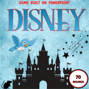 May include: A blue background with the word "DISNEY" in large blue letters with red outlines. A cartoon bird flies near a black castle silhouette. The image includes a mouse and the text "70 ROUNDS". The text "GAME BUILT ON POWERPOINT" is at the top.