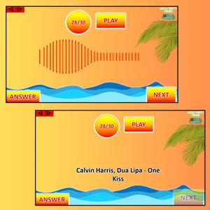May include: Two game screens with a beach theme. The top screen shows a sound wave graphic and the word "PLAY". The bottom screen displays the text "Calvin Harris, Dua Lipa - One Kiss". Buttons for "ANSWER" and "NEXT" are also visible.