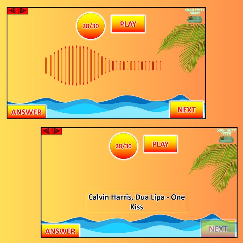 May include: Two game screens with a beach theme. The top screen shows a sound wave graphic and the word "PLAY". The bottom screen displays the text "Calvin Harris, Dua Lipa - One Kiss". Buttons for "ANSWER" and "NEXT" are also visible.
