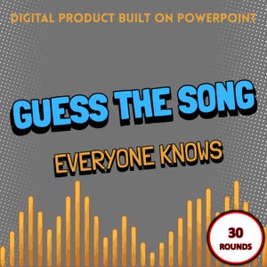 Peut inclure: Un produit numérique créé sur PowerPoint, intitulé "Devinez la chanson que tout le monde connaît". L'image présente un fond gris avec un texte superposé bleu et blanc. Un graphique d'une onde sonore est affiché en orange, et un cercle rouge avec du texte blanc indique "30 Rounds".
