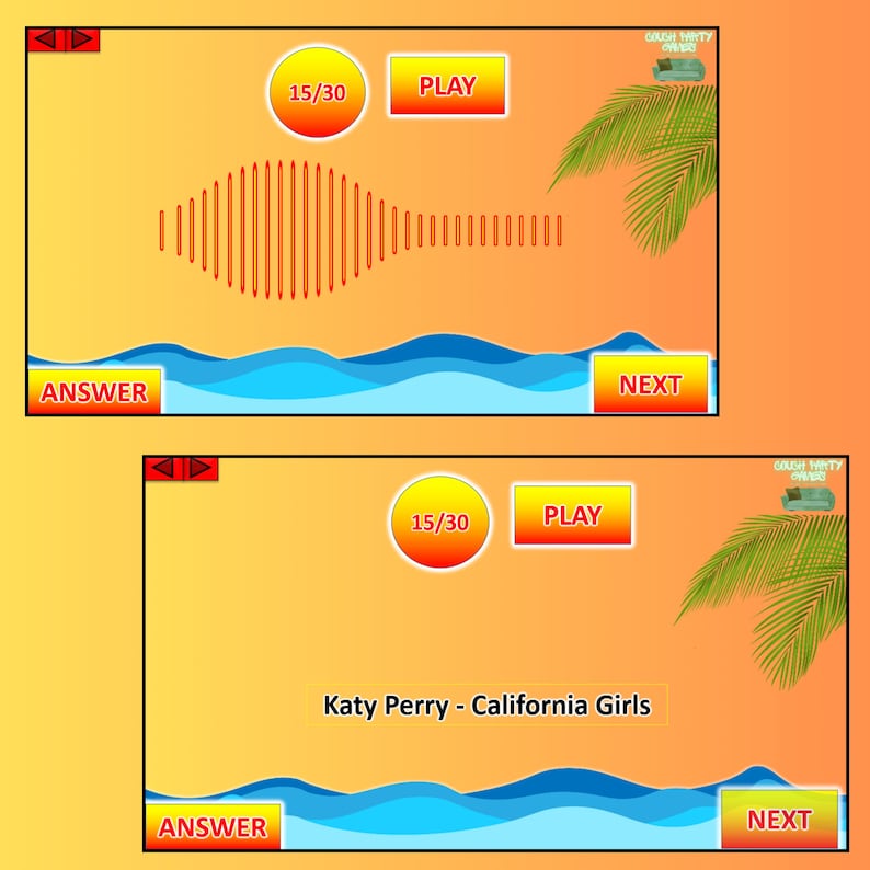 May include: Two digital game screens with a beach theme. The top screen shows a sound wave graphic and the words "ANSWER", "PLAY", and "NEXT". The bottom screen displays "Katy Perry - California Girls".