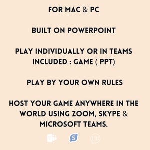 Pu&ograve; includere: Testo su uno sfondo beige che recita "FOR MAC & PC", "BUILT ON POWERPOINT", "PLAY INDIVIDUALLY OR IN TEAMS", "INCLUDED: GAME (PPT)", "PLAY BY YOUR OWN RULES", "HOST YOUR GAME ANYWHERE IN THE WORLD USING ZOOM, SKYPE & MICROSOFT TEAMS.". Tre icone sono mostrate sotto il testo: un'icona blu e bianca di uno schermo di computer con una bolla di chat, un'icona blu della lettera "S" e un'icona blu di una videocamera.