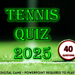 Puede incluir: Texto verde sobre fondo verde que dice "Tennis Quiz 2025". Un círculo rojo con texto blanco dice "40 Preguntas" y es parcialmente visible en la esquina inferior derecha de la imagen.