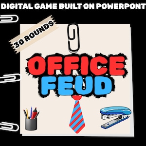 Peut inclure: Image d'un jeu numérique créé sur PowerPoint, intitulé "Office Feud", avec du texte rouge et bleu. L'image comprend un trombone, une cravate, une agrafeuse et un pot à crayons. Le jeu comporte 30 manches.