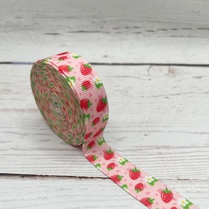 Grosgrain Ribbon, 5/8 Inch Ribbon, Strawberry Ribbon, Floral Ribbon, Print Ribbon, Pink Ribbon, Ribbon For Bows, Trim By The Yard