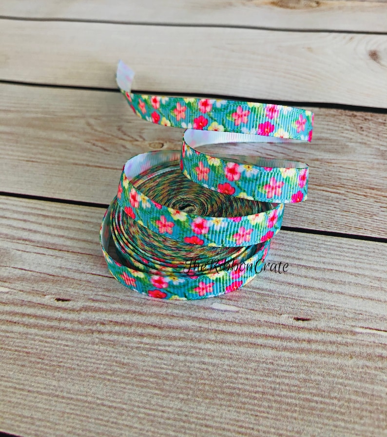 5 Yards 38 Inch Bright Pink and Yellow Flowers Grosgrain Ribbon Hair Bow Korker Headband