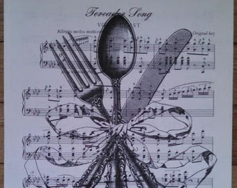 NEW french market vintage cutlery on vintage sheet music farmhouse kitchen