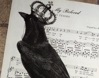 rustic black crow with crown on vintage sheet music halloween crow old crow french market