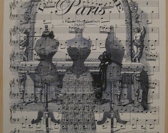 paris l'atelier french dress forms on vintage sheet music